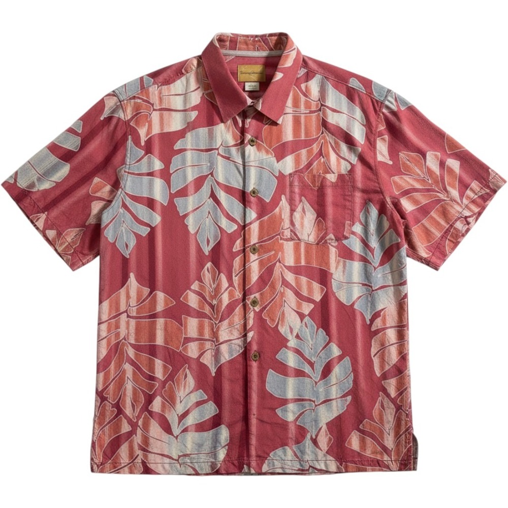 Tommy Bahama Silk Button Up Shirt Mens XL Red Coral Hawaiian Tropical Leaf - Picture 1 of 10